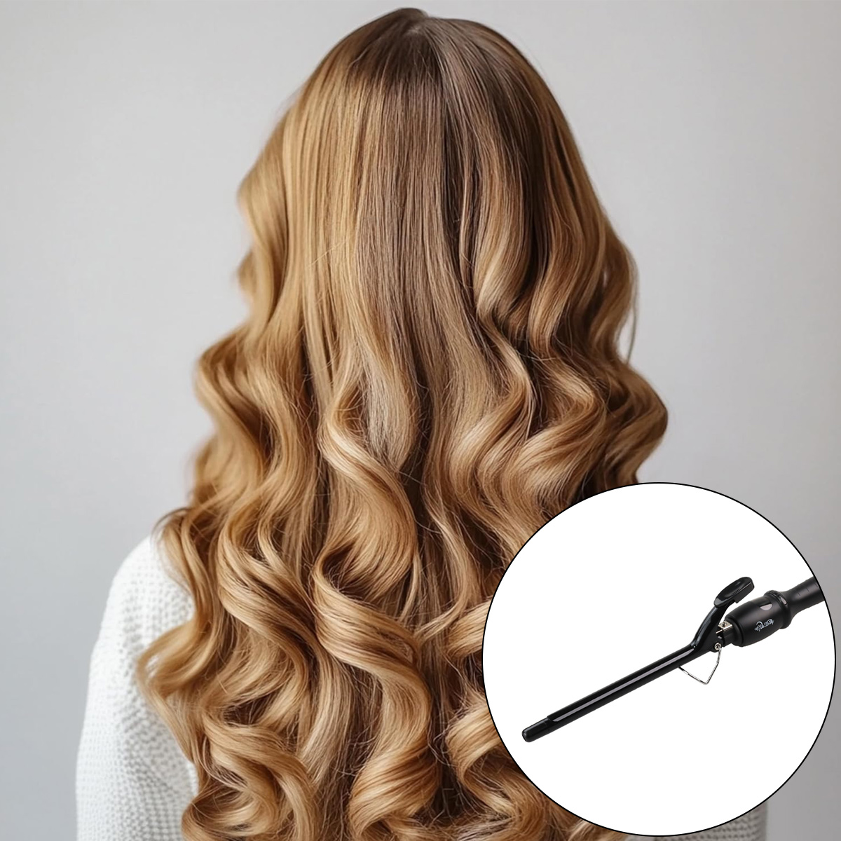 Eine Frau mit langen, welligen, honigblonden Haaren und einem schwarzen Lockenstab.