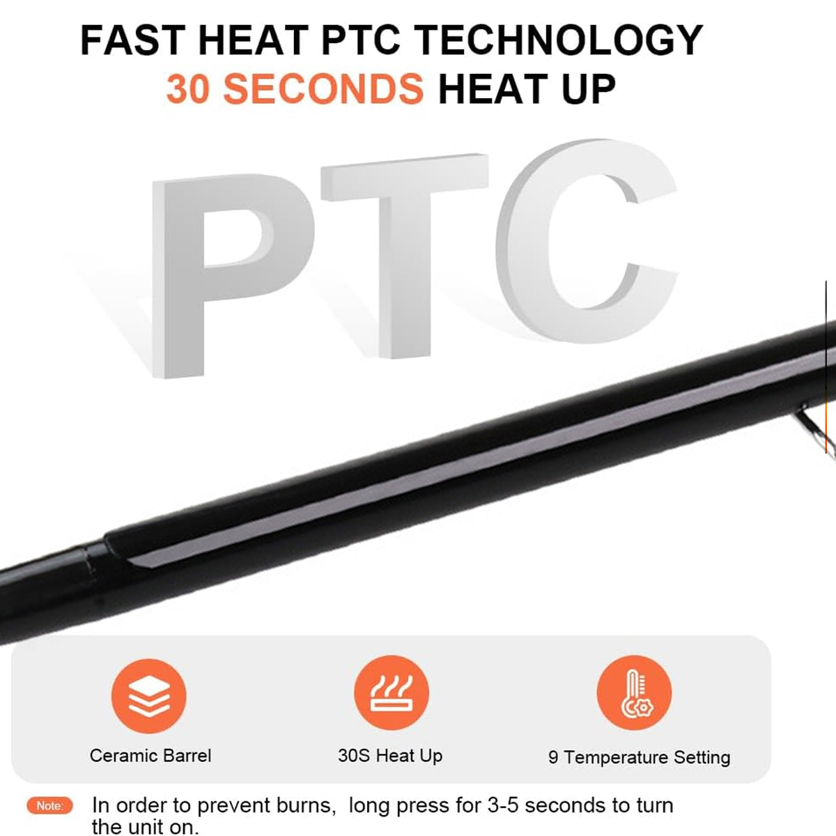 Glatter schwarzer Stab mit PTC-Logo und Heizsymbolen.