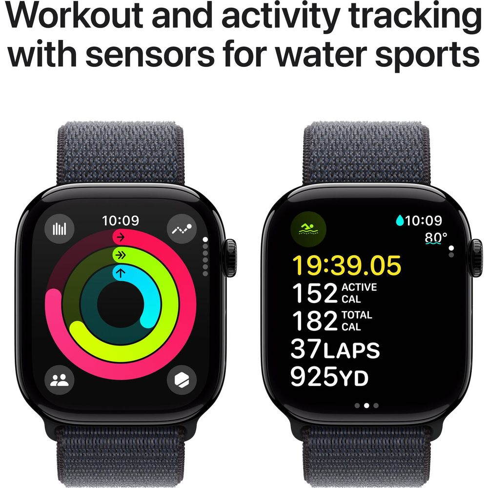 Due smartwatch mostrano dati di attività. Uno mostra anelli, l'altro ora, calorie, giri, distanza.