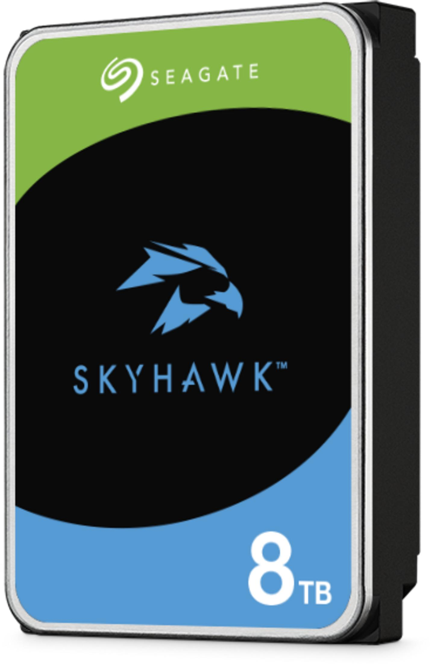 Dysk twardy Seagate SkyHawk 8TB z niebieskim logo sokoła na czarno-zielonym tle.