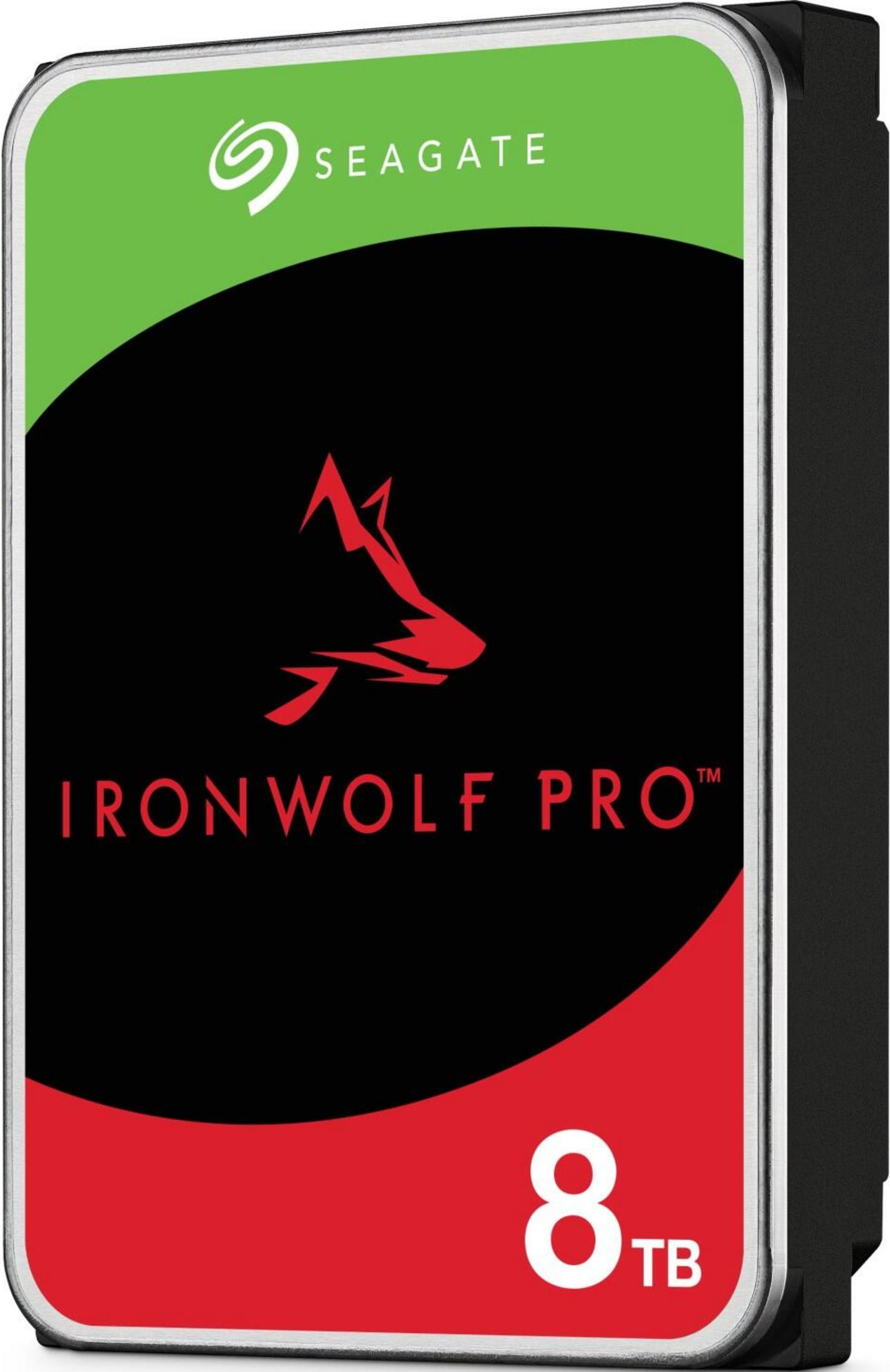 Disque dur Seagate IronWolf Pro 8TB avec logo de loup rouge.