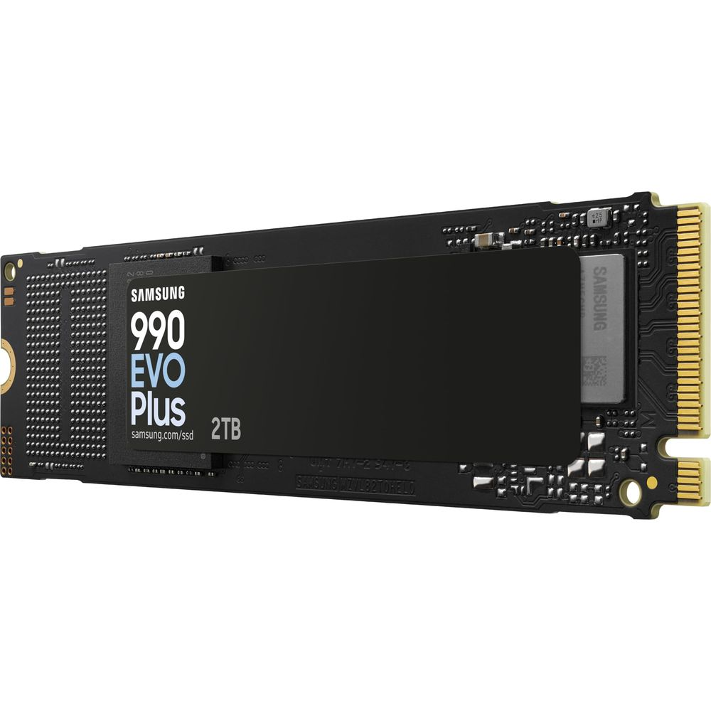Dysk SSD Samsung 990 EVO Plus 2TB ze złotym złączem i czarną obudową.