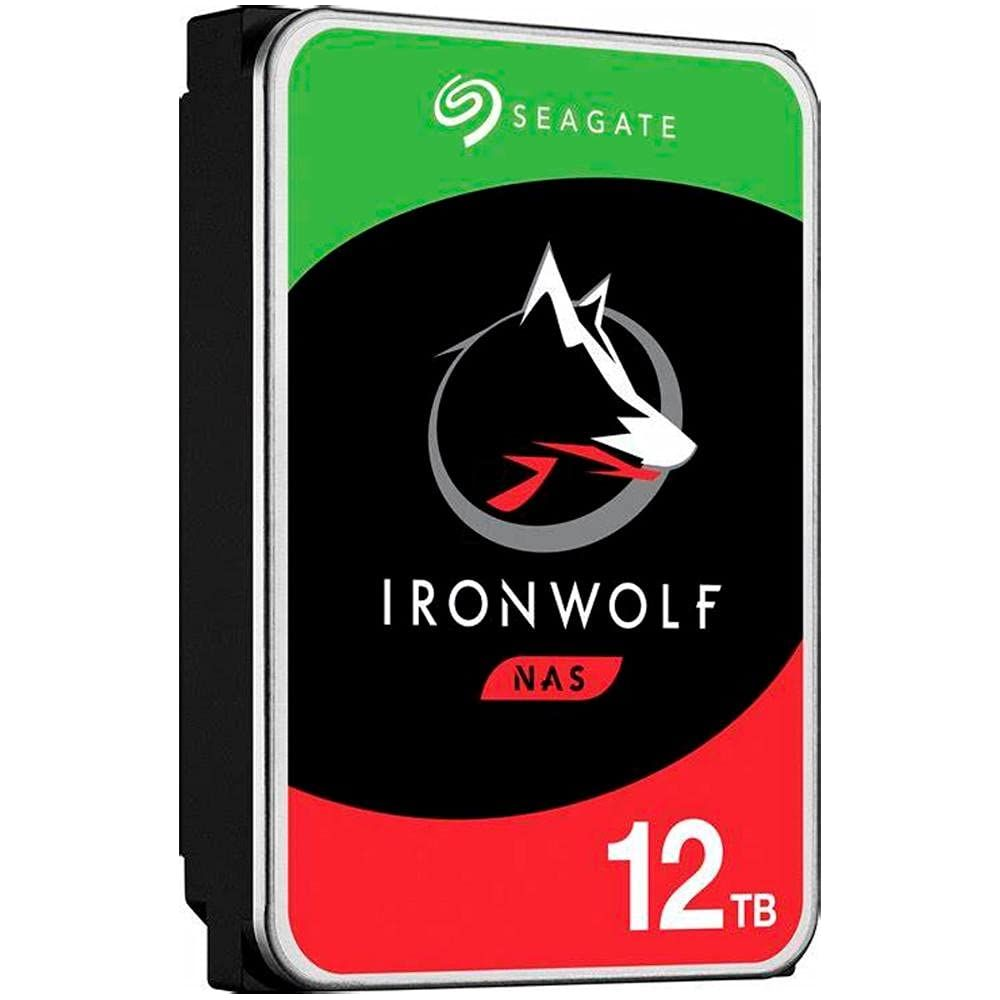Zewnętrzny dysk twardy Seagate IronWolf NAS 12TB z logo wilka i czerwonym akcentem.