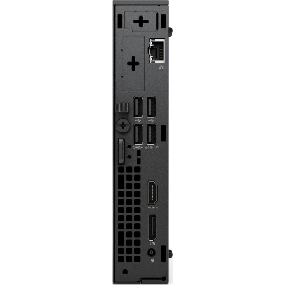 Vista posteriore di un mini PC nero con porte USB, Ethernet e HDMI.