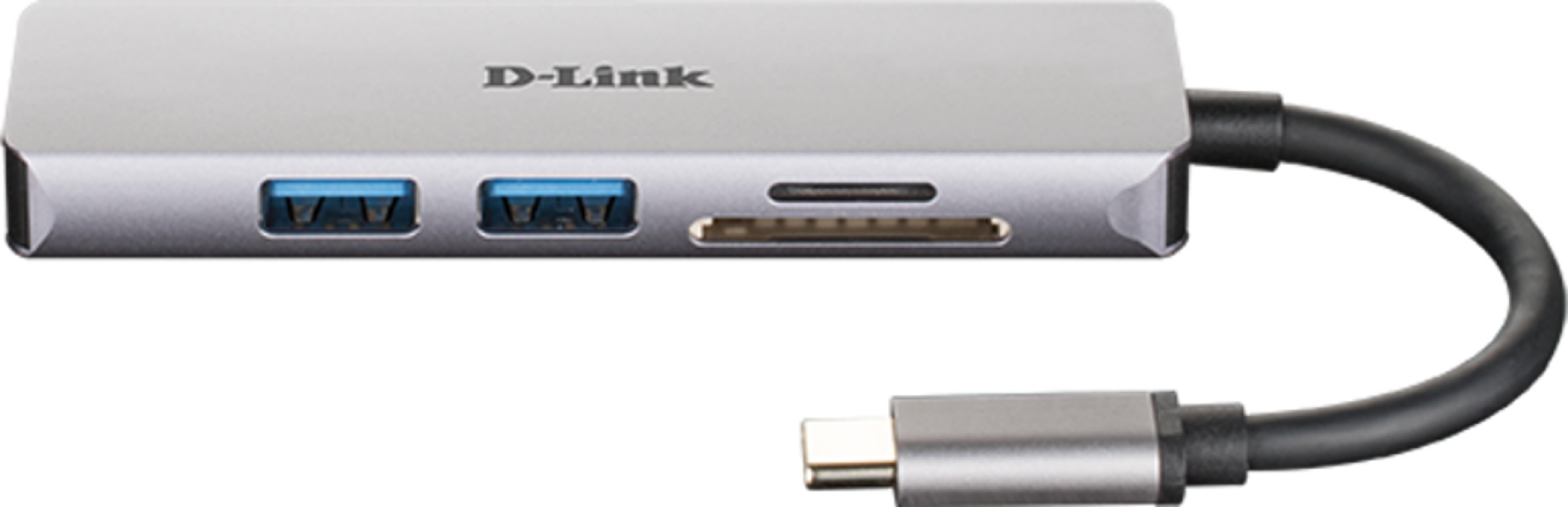 Srebrny hub USB-C D-Link z dwoma niebieskimi portami USB i czytnikiem kart SD.