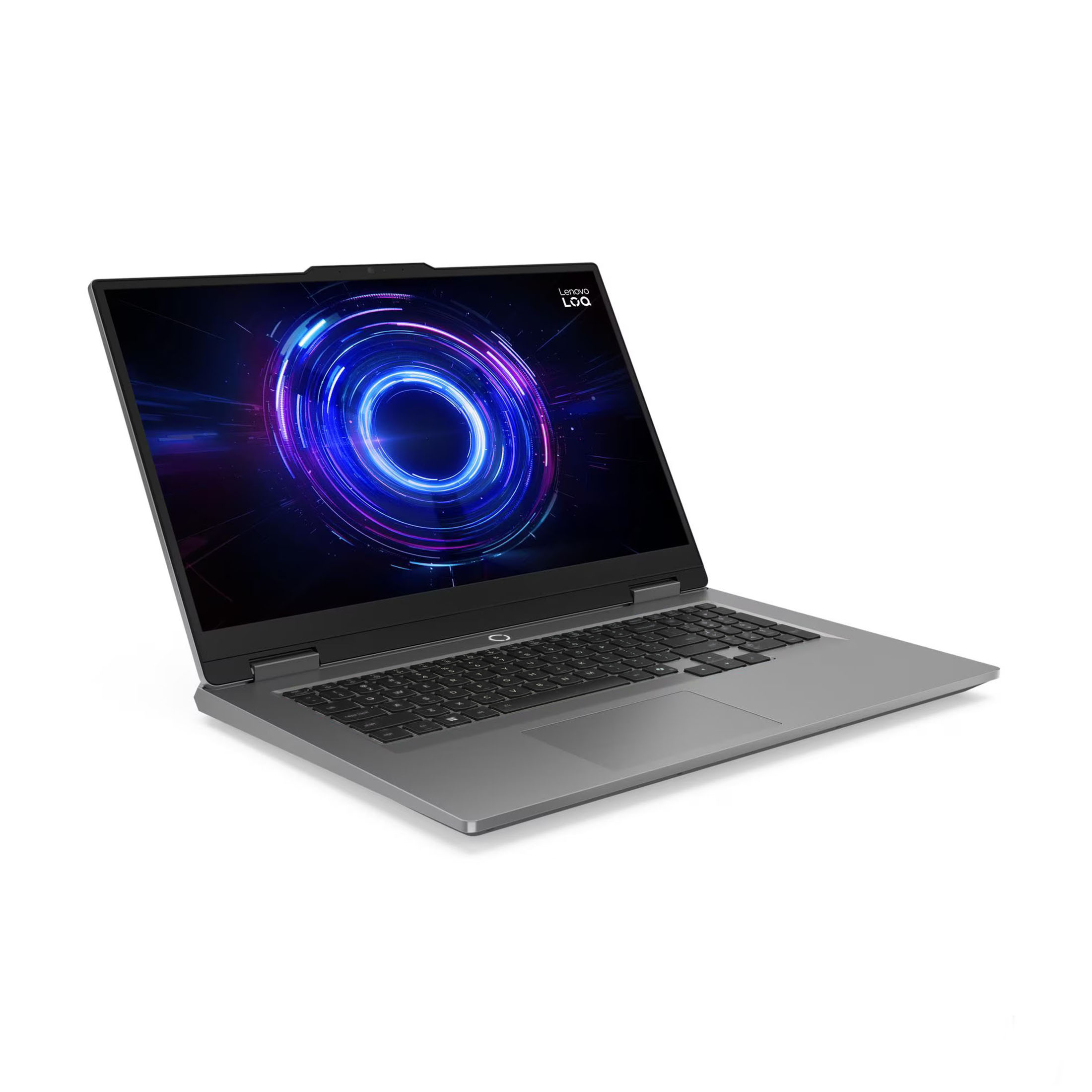 Graues Lenovo Laptop mit beleuchtetem Tastatur- und Bildschirmhintergrund.