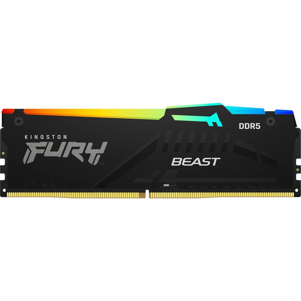 Czarny moduł RAM DDR5 z oświetleniem RGB i logo 'FURY Beast'.