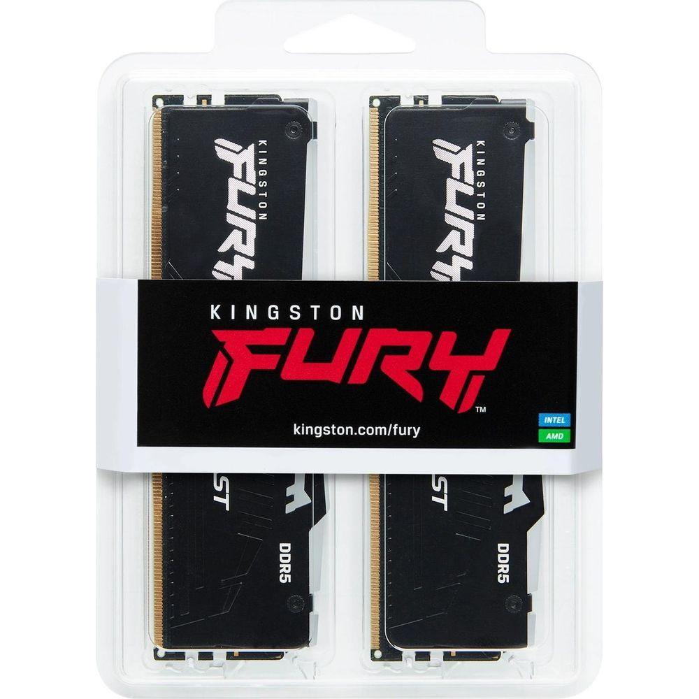 Dwa czarne moduły RAM Kingston FURY DDR5 w przezroczystym opakowaniu.