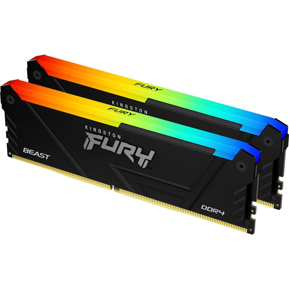 Dwa moduły RAM Kingston Fury Beast DDR4 z oświetleniem RGB w kolorach czerwonym, żółtym, zielonym i niebieskim.