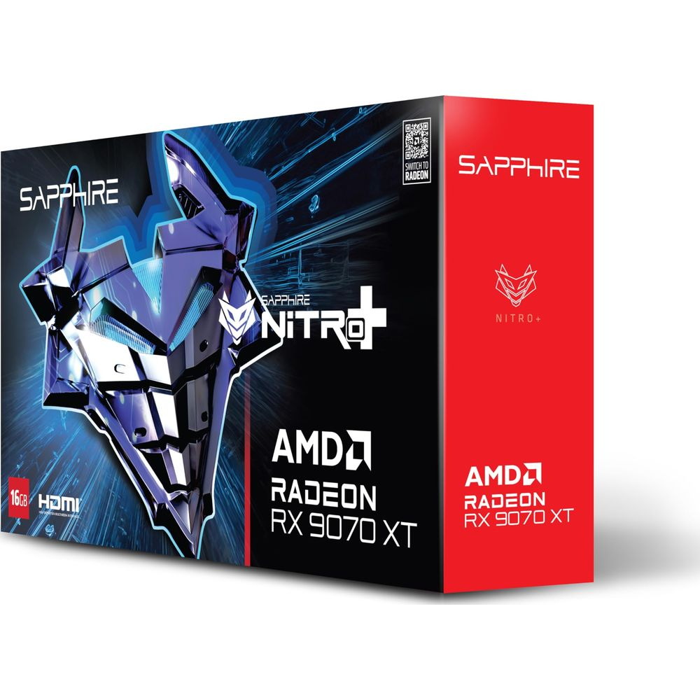 Karta graficzna Sapphire Nitro+ AMD Radeon RX 9070 XT na czarnym opakowaniu.