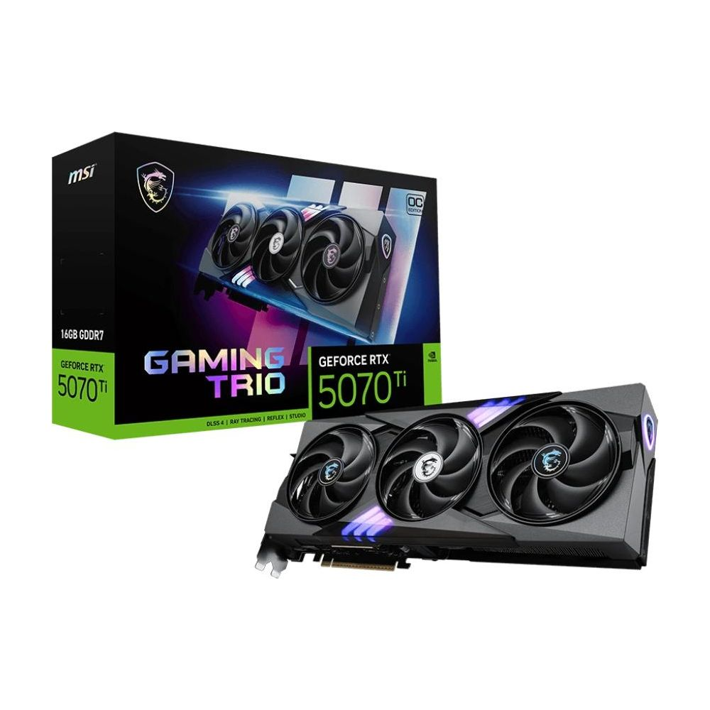 Karta graficzna MSI Gaming Trio 5070 Ti z trzema wentylatorami i pudełkiem.