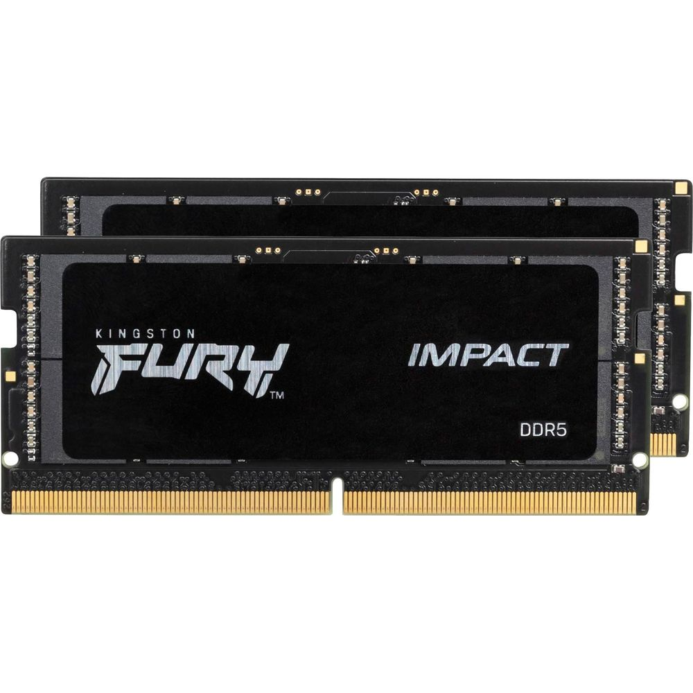 Dwa czarne moduły RAM Kingston Fury Impact DDR5 widoczne na białym tle.