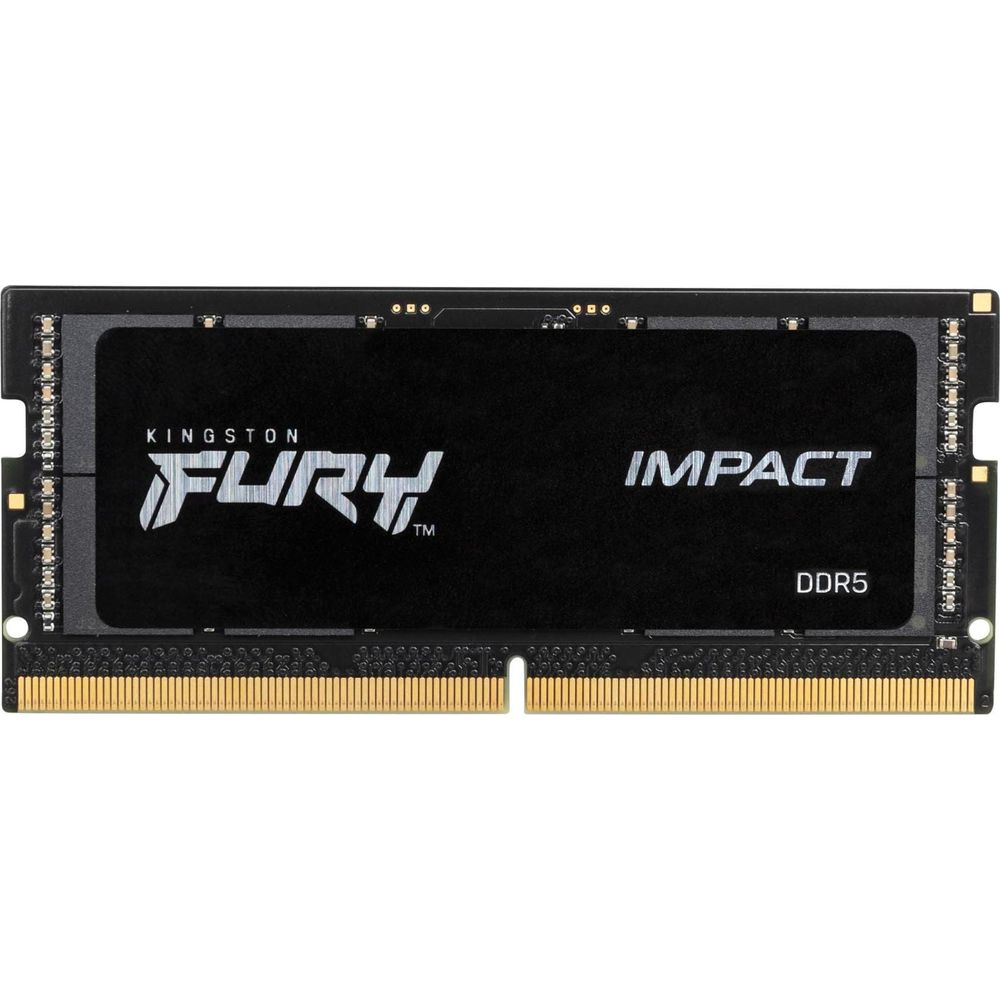 Czarny moduł RAM Kingston Fury Impact DDR5 ze złotymi stykami.