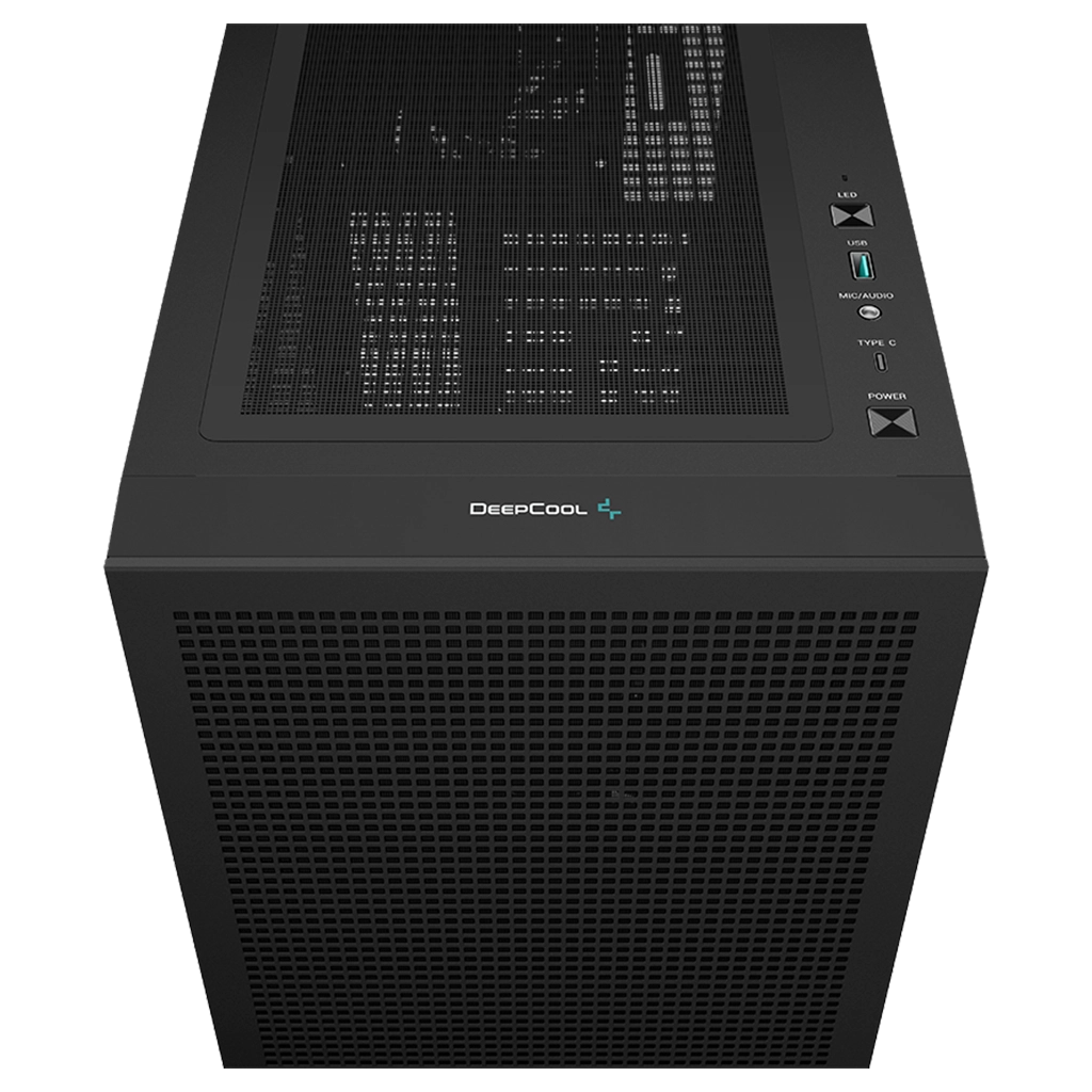 Zwarte pc-behuizing met geventileerde boven- en voorpanelen, en bovenste I/O.