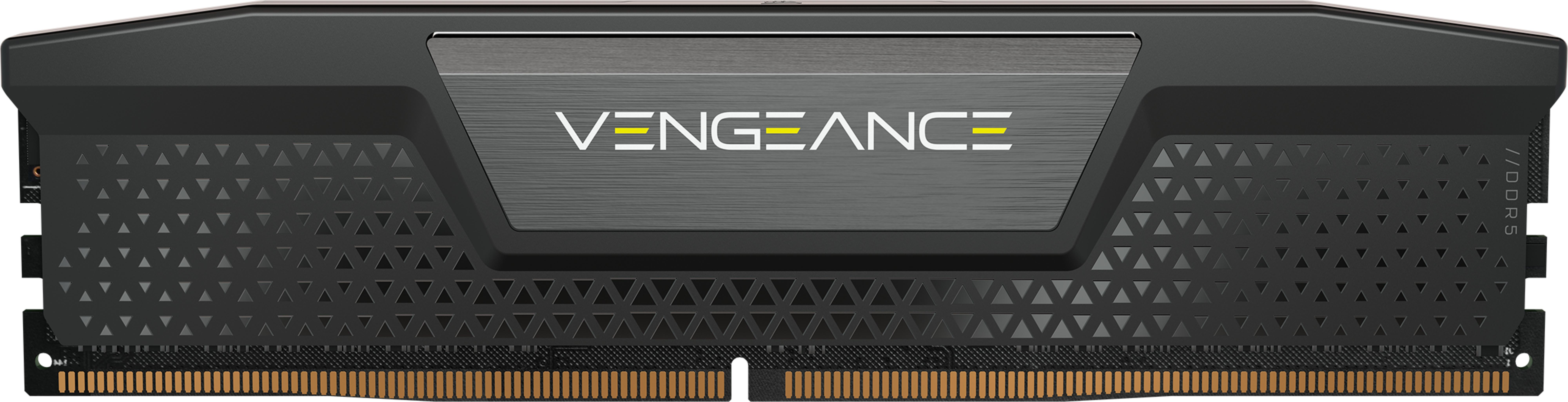 Czarny moduł RAM DDR5 z logo VENGEANCE i wzorem trójkątów.