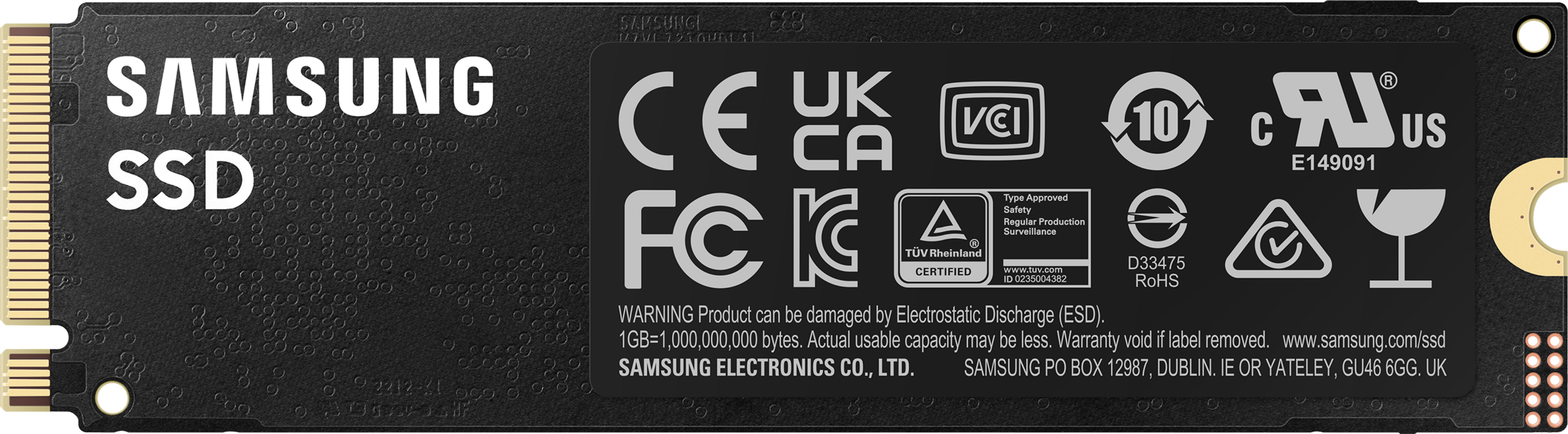 Czarny dysk SSD Samsung ze złączami oraz certyfikatami CE, UKCA, FCC i RoHS.