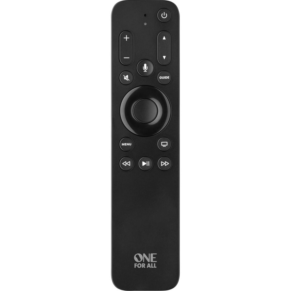 Czarny pilot z przyciskami nawigacyjnymi, mikrofonem i logo.