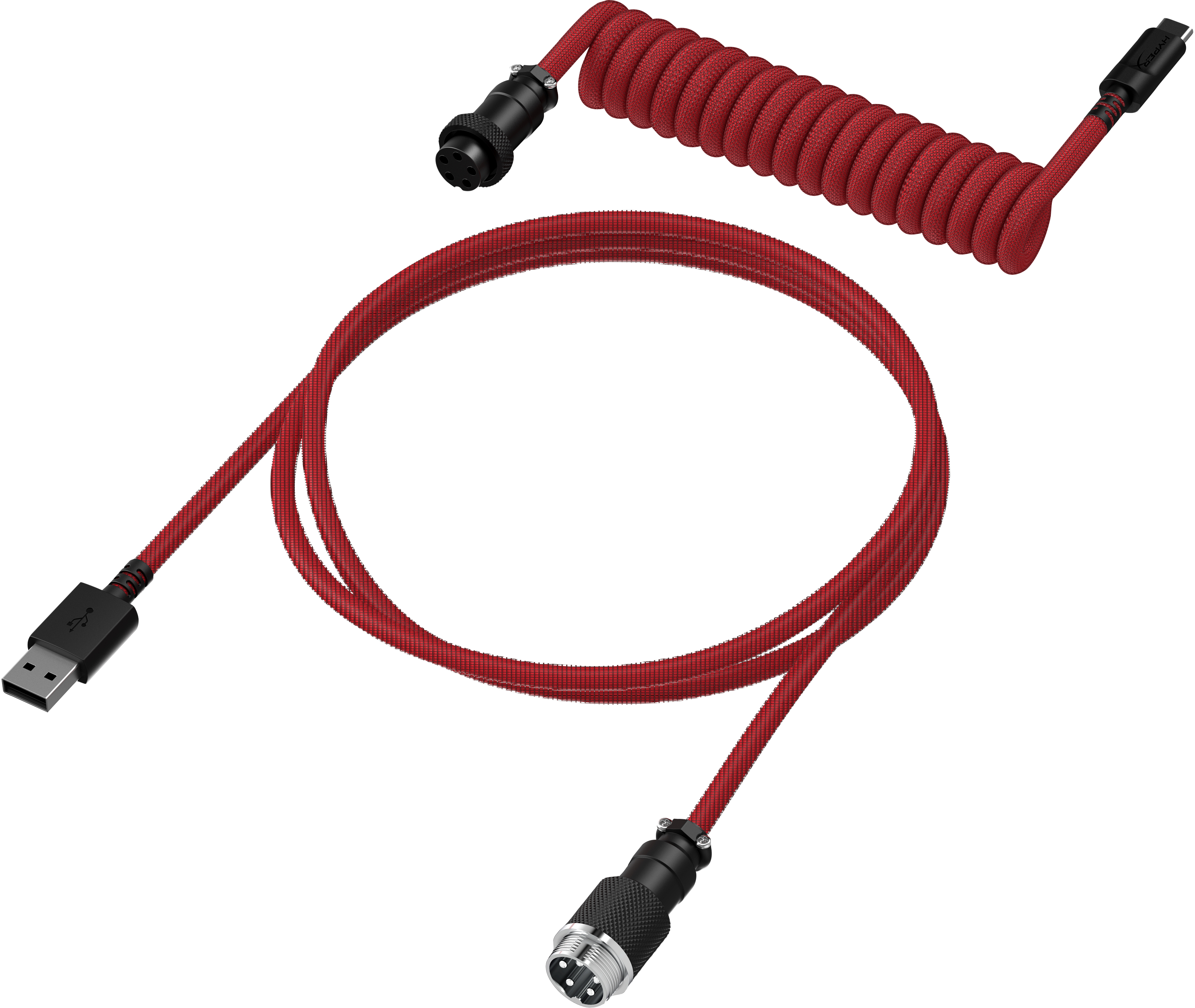 Cavo rosso con connettore USB-A e a 5 pin, a spirale e dritto.
