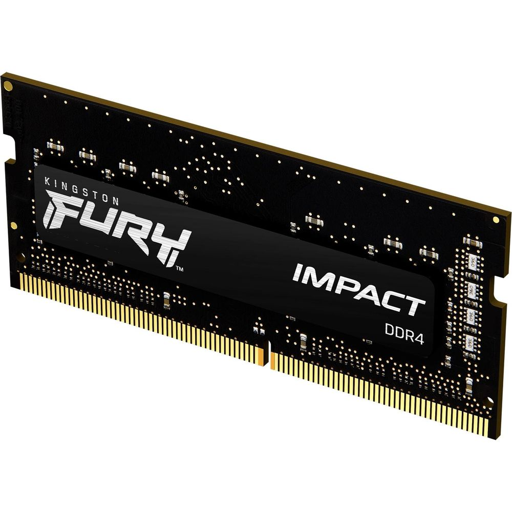 Czarny moduł RAM Kingston Fury Impact DDR4 ze złotymi stykami.