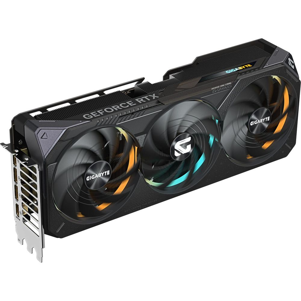 Czarna karta graficzna Gigabyte RTX 4090 z trzema wentylatorami i podświetleniem RGB.