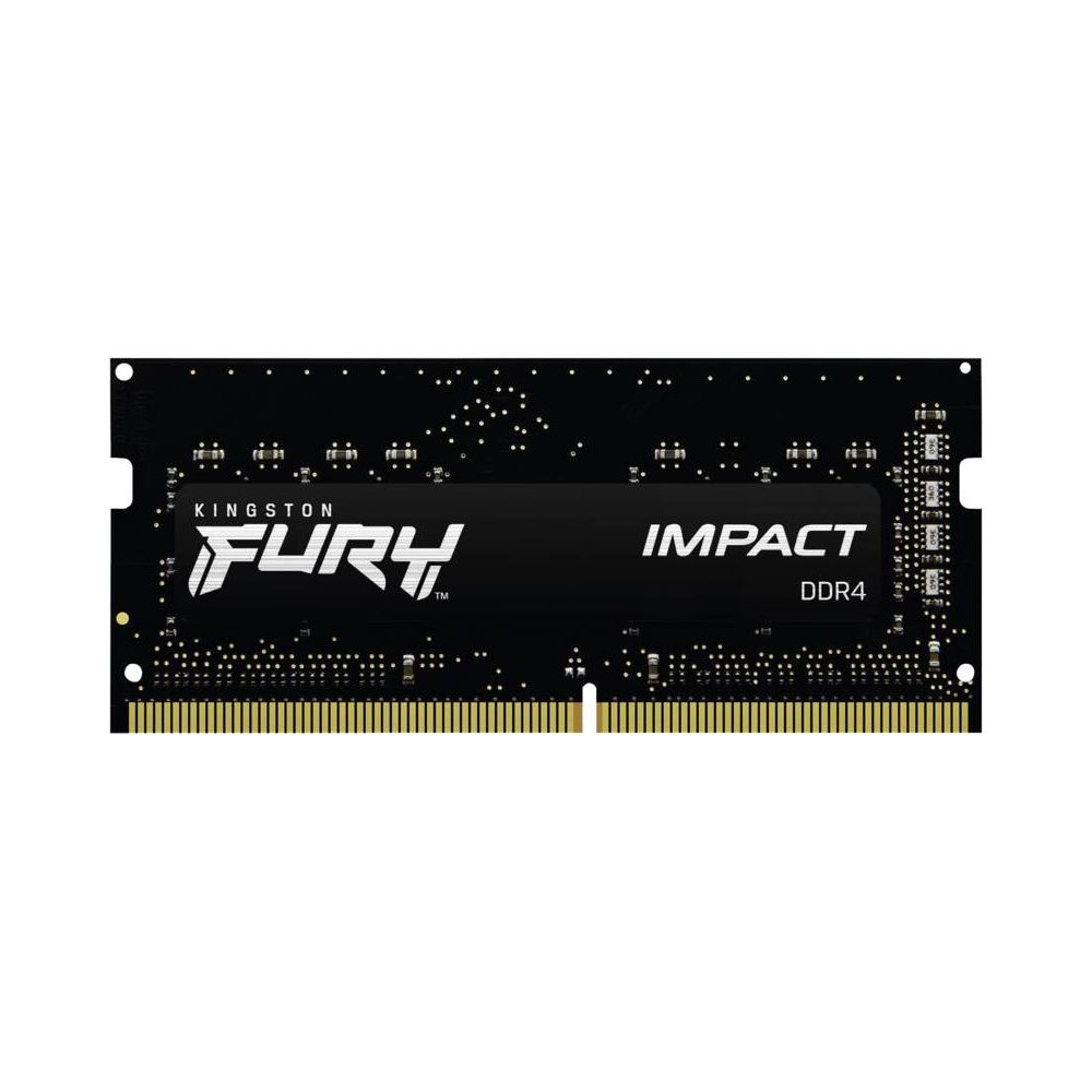 Czarny moduł RAM Kingston Fury Impact DDR4 ze złotymi stykami.