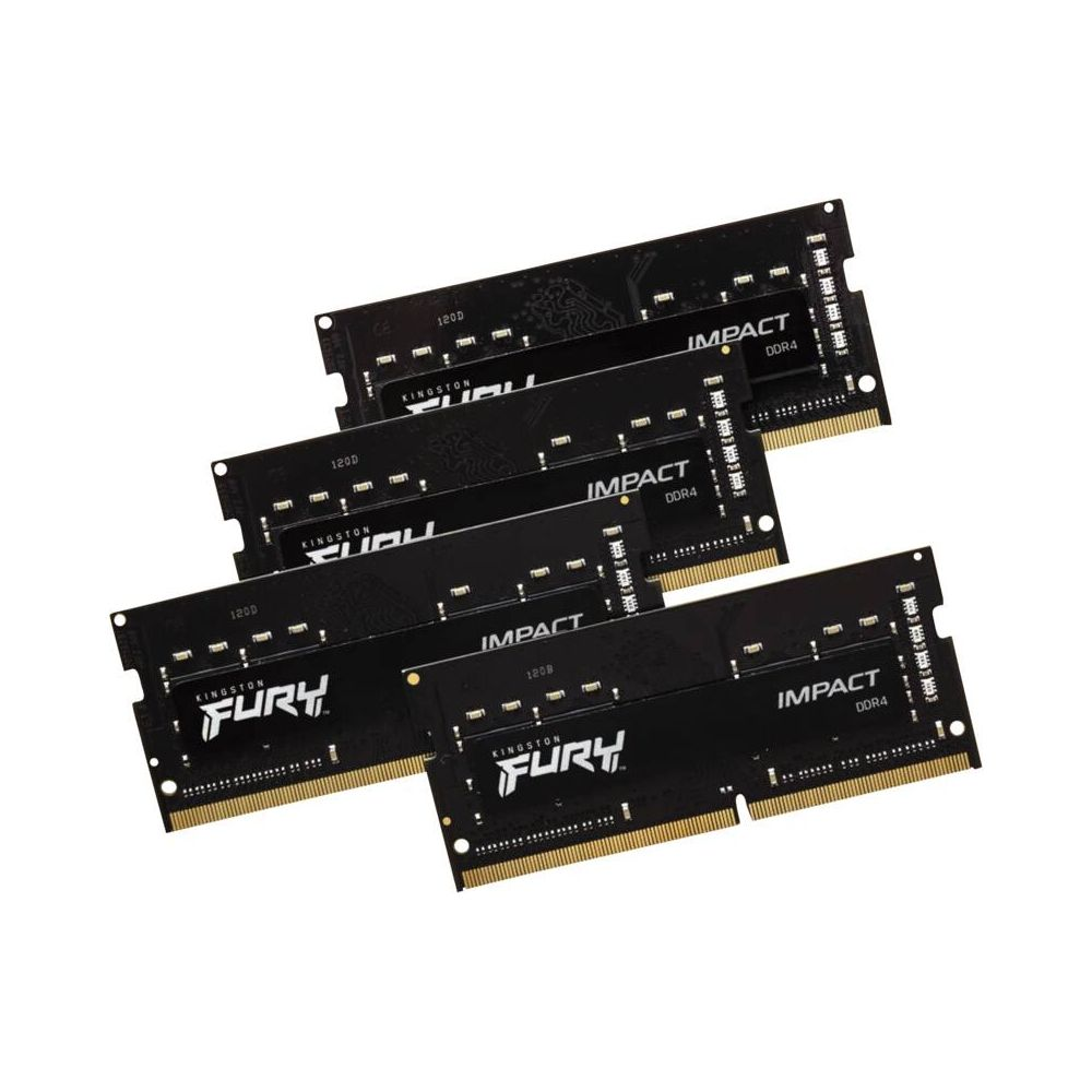 Cztery czarne moduły RAM DDR4 Kingston Fury ze złotymi stykami.
