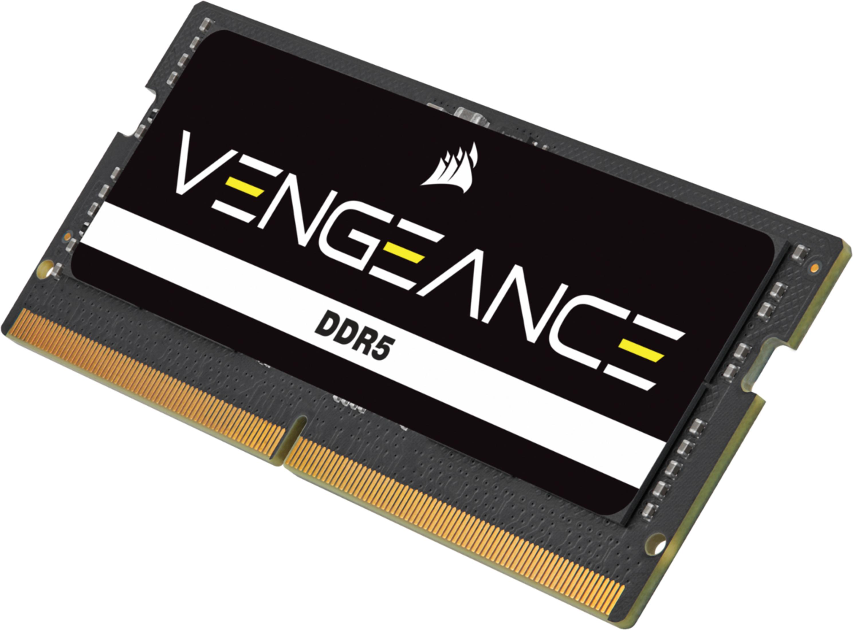 Moduł RAM Corsair Vengeance DDR5 ze złotymi stykami na białym tle.