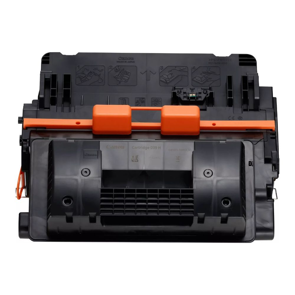 Czarny toner Canon z pomarańczowymi dźwigniami i napisami. Wyprodukowano w Japonii.