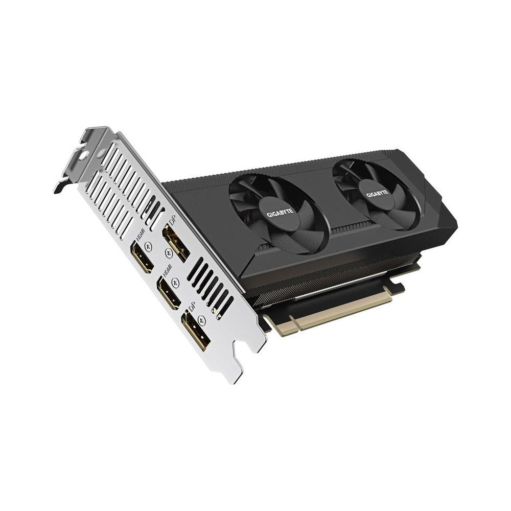 Czarna karta graficzna z dwoma wentylatorami, logo GIGABYTE i portami HDMI/DP.