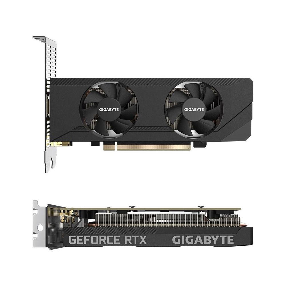 Dwa widoki czarnej karty graficznej Gigabyte z dwoma wentylatorami i napisem "GeForce RTX".