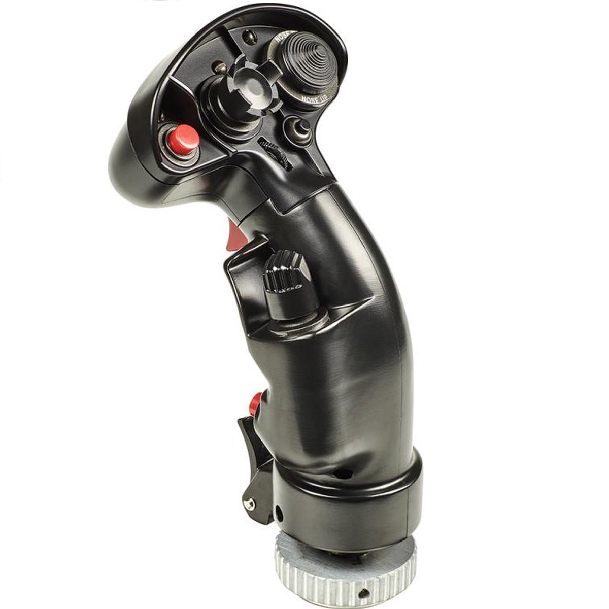 Czarny joystick do symulatora lotu z czerwonymi przyciskami i srebrną podstawą.