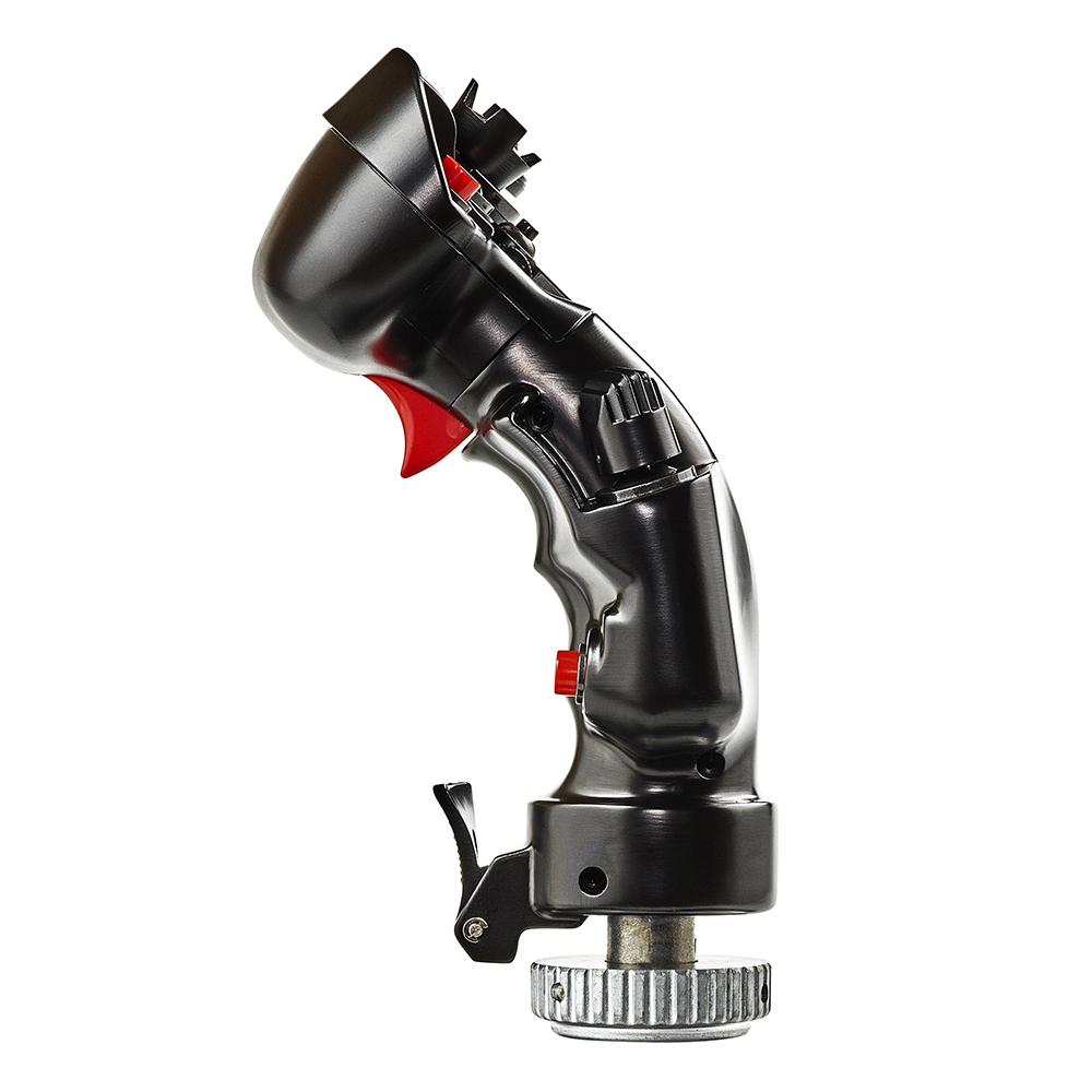 Czarny joystick z czerwonymi przyciskami i srebrnym kołem u podstawy.