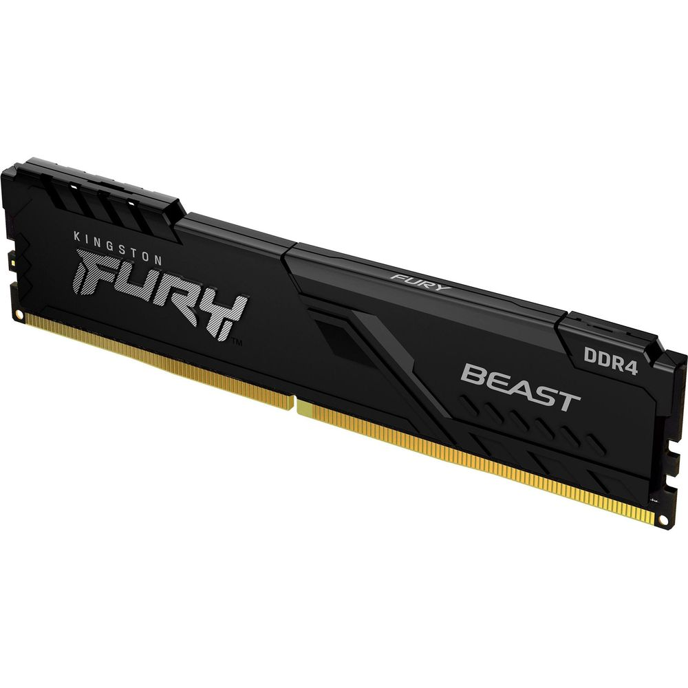Czarny moduł RAM DDR4 ze złotymi stykami i logo "FURY Beast".