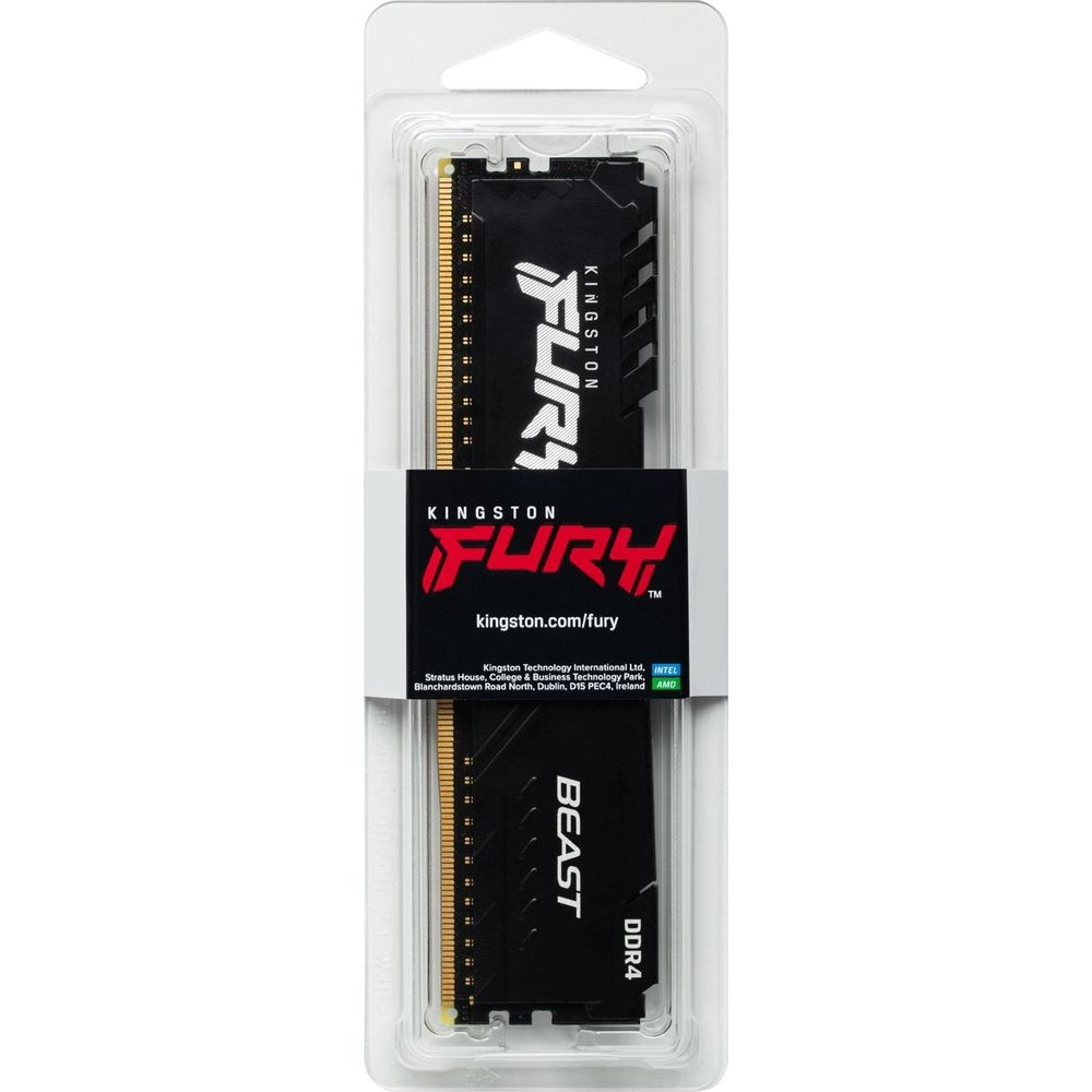 Czarny moduł RAM z napisem "FURY BEAST DDR4" w opakowaniu plastikowym.