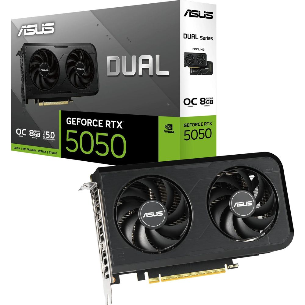 Karta graficzna ASUS Dual GeForce RTX 5050 z dwoma wentylatorami i 8 GB pamięci.