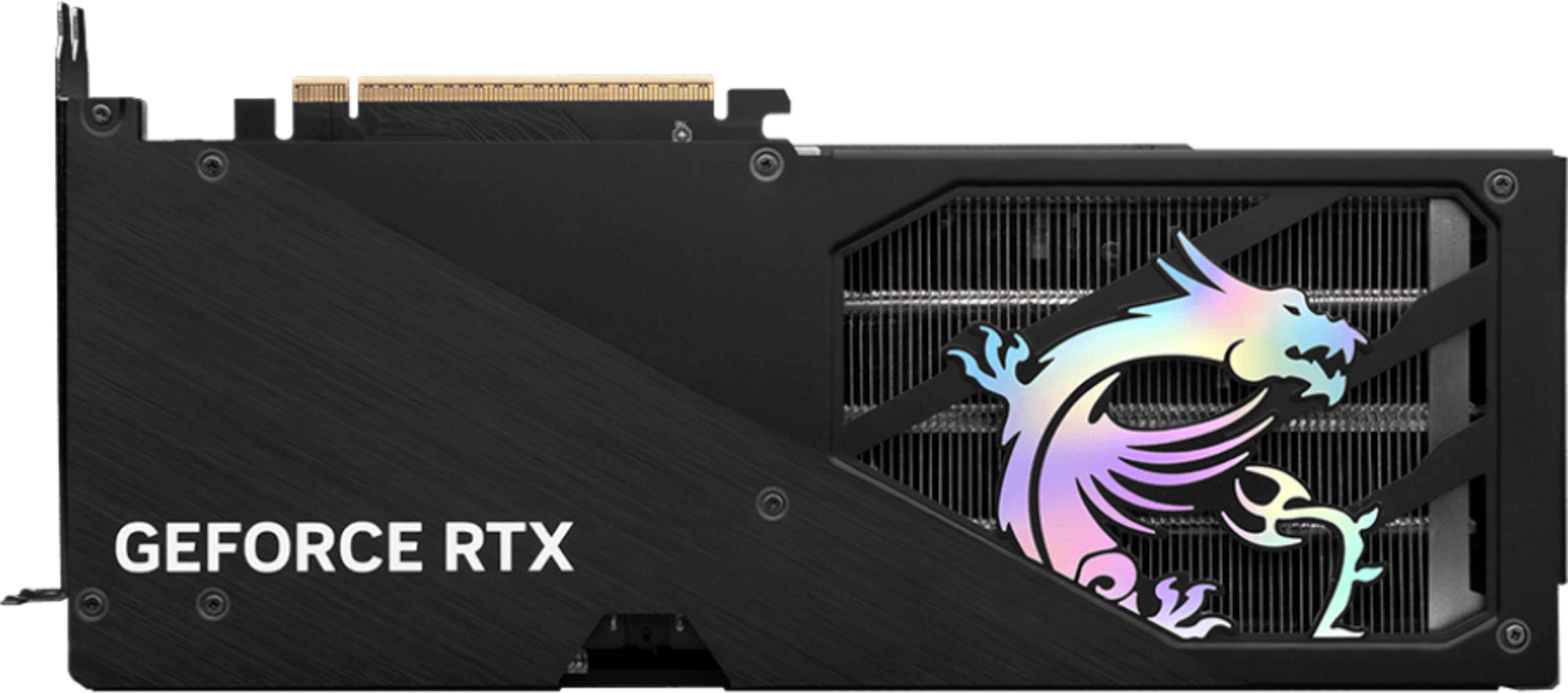Czarna karta graficzna z napisem "GEFORCE RTX" i kolorowym logo smoka.
