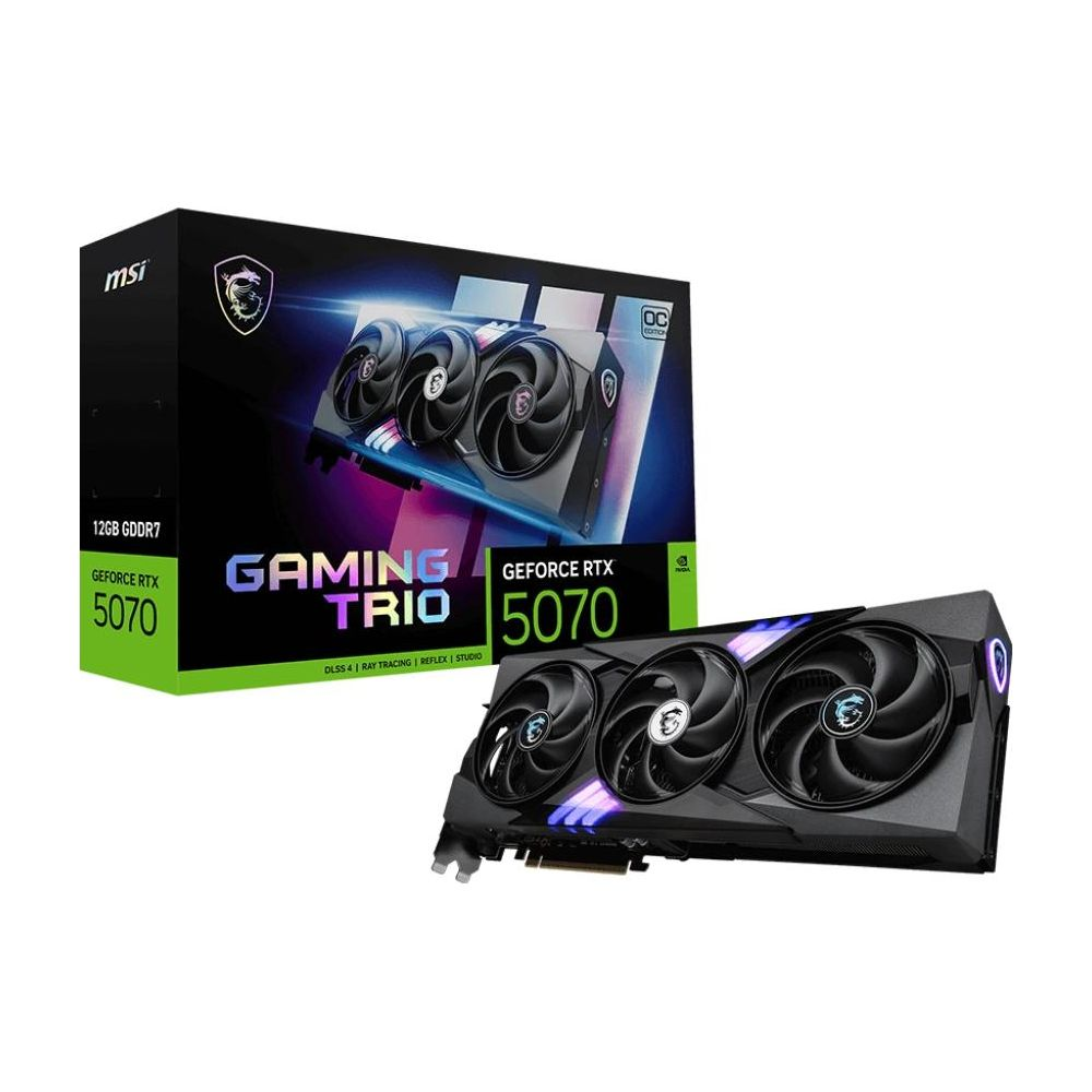 Karta graficzna MSI Gaming Trio RTX 5070 i jej pudełko. Czarna karta z wentylatorami.