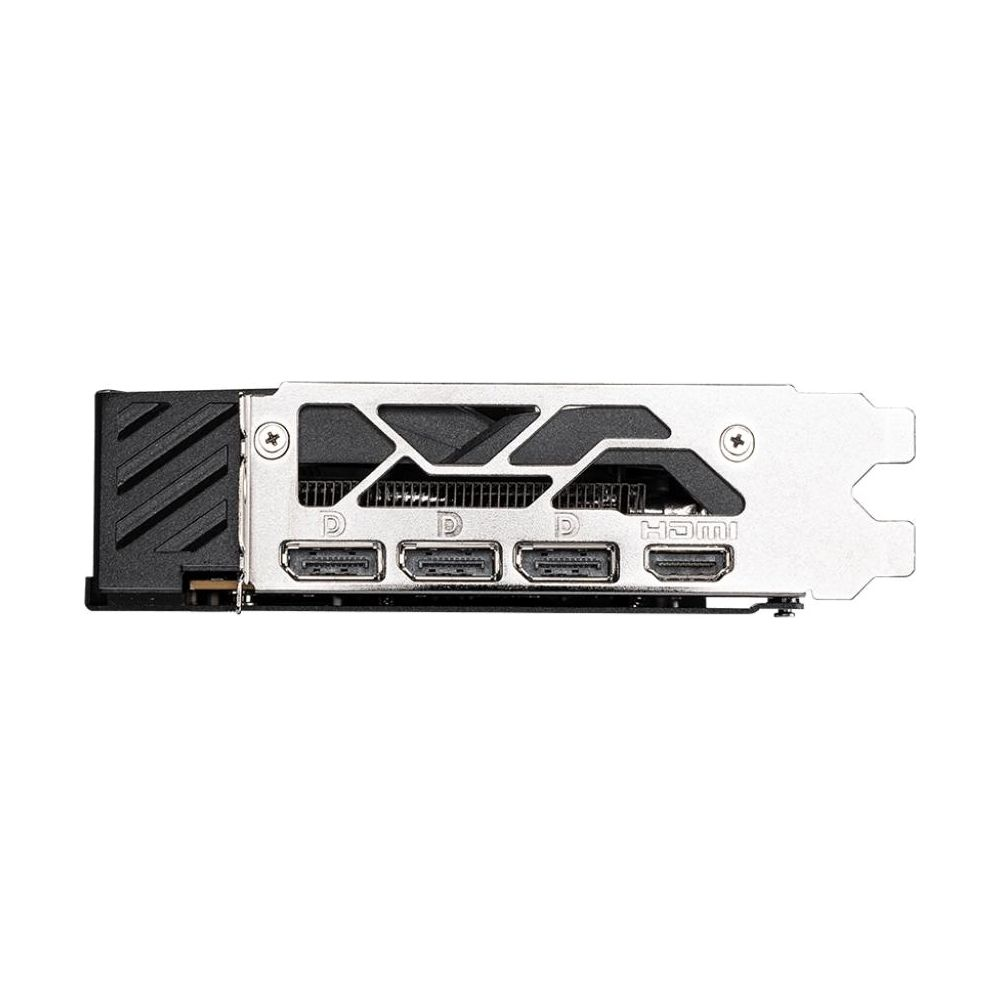 Karta graficzna z trzema portami DisplayPort i jednym HDMI, srebrny cooler.