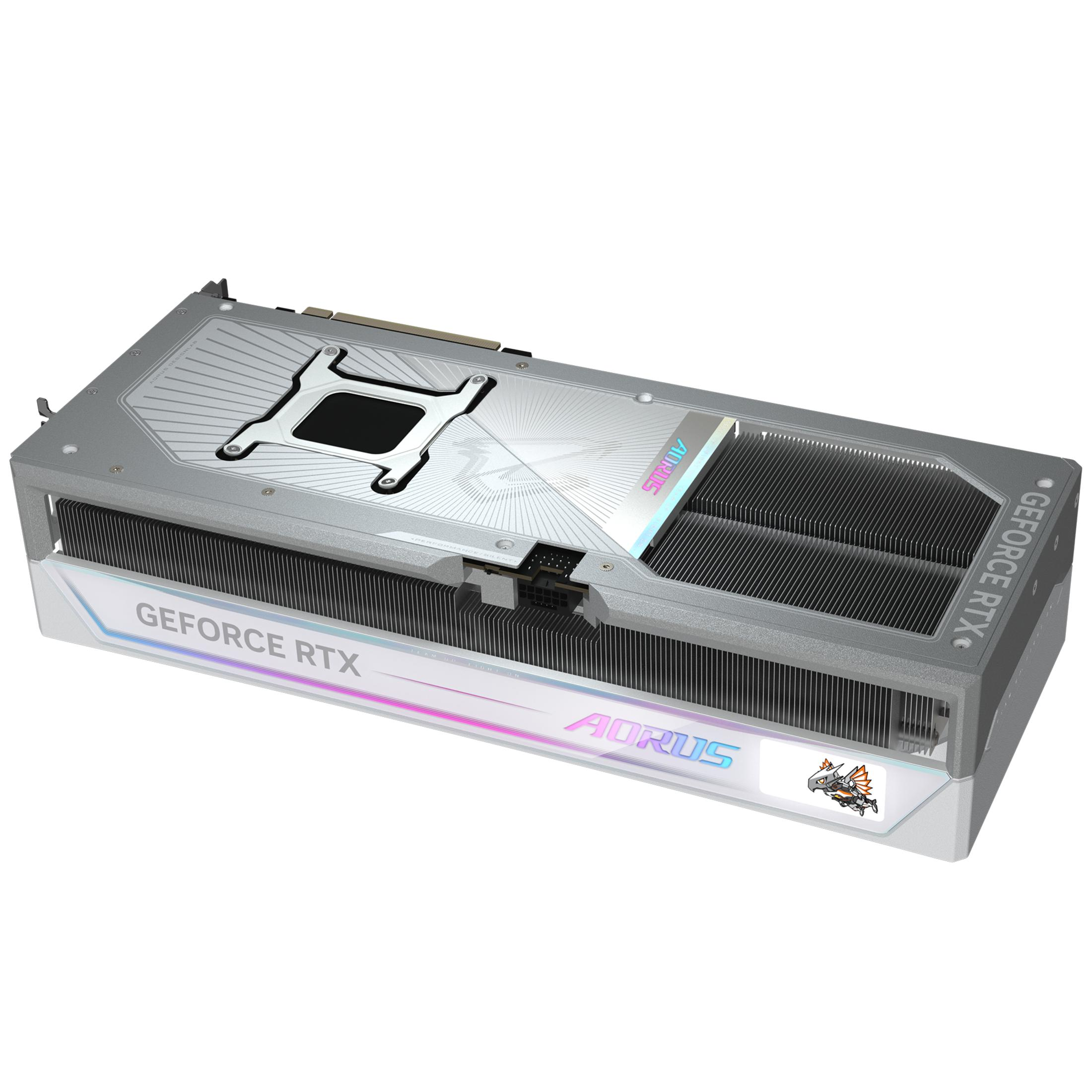 Srebrna karta graficzna z wentylatorami i oświetleniem RGB, logo AORUS.