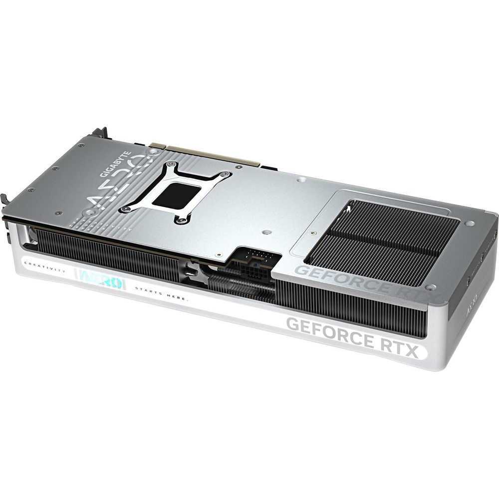 Srebrna karta graficzna Gigabyte AERO GeForce RTX z żeberkami i tekstem.