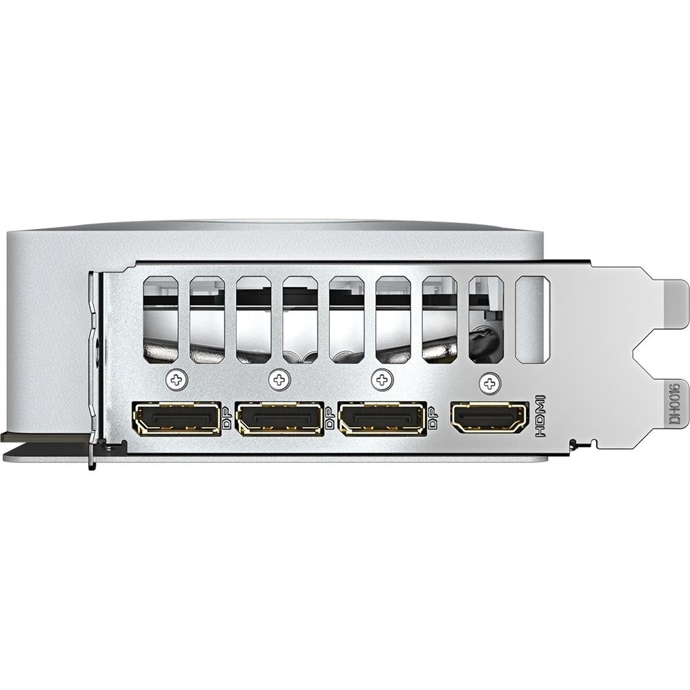 Srebrna karta graficzna z widocznymi czterema portami DisplayPort i jednym HDMI.