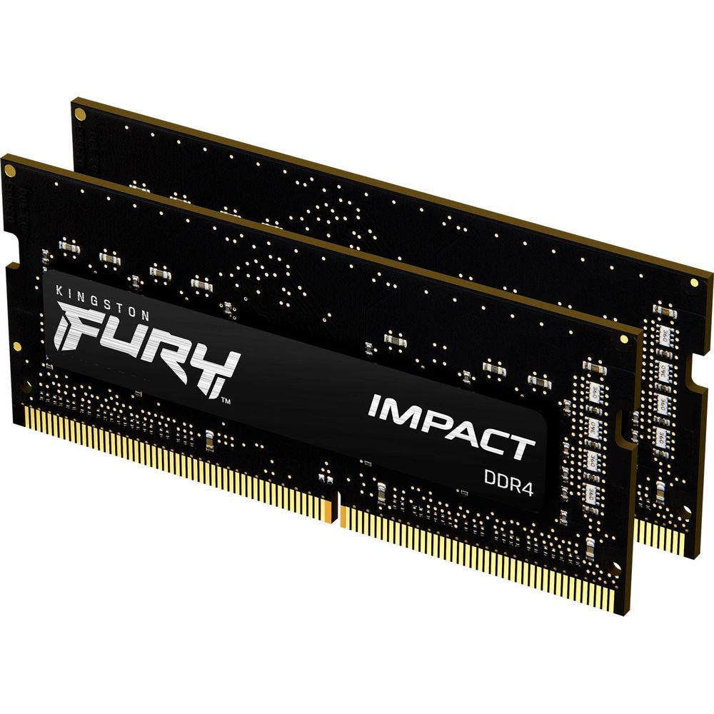 Dwa czarne moduły RAM ze złotymi stykami, Kingston Fury Impact DDR4.