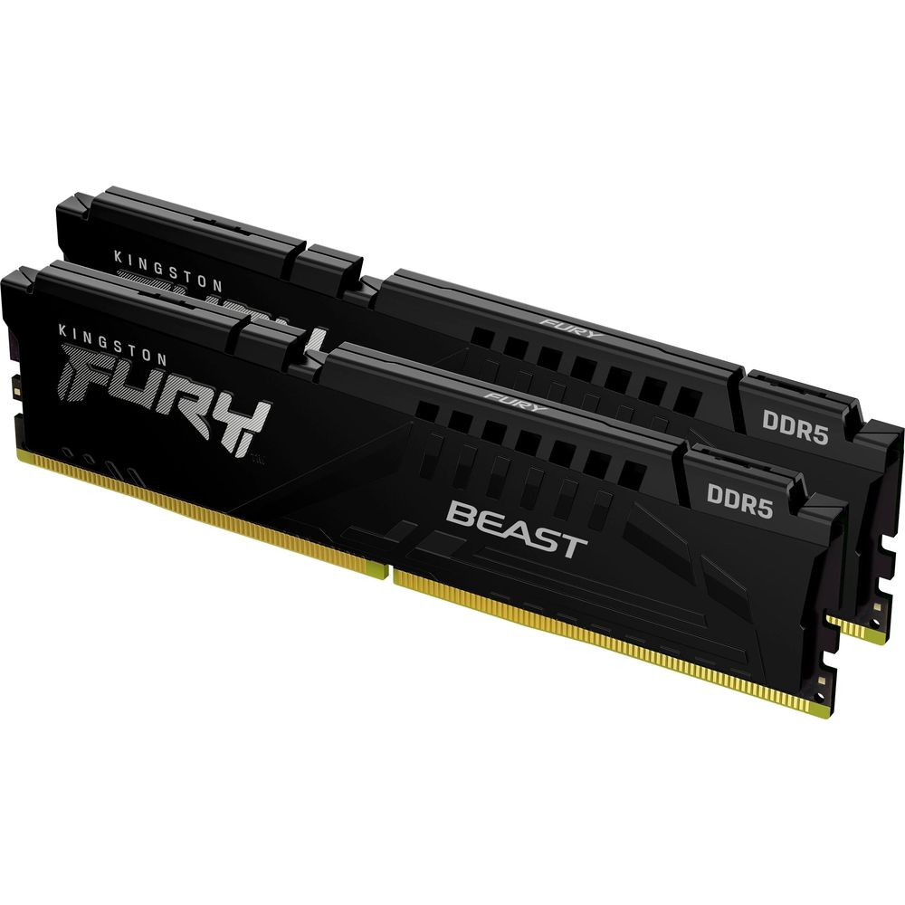 Dwa czarne moduły RAM DDR5 ze złotymi stykami i oznaczeniem 'Fury Beast'.