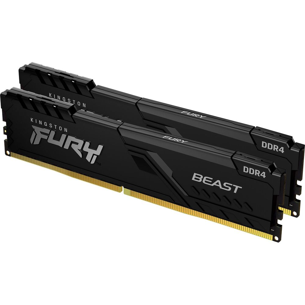 Dwa czarne moduły RAM DDR4 Kingston FURY Beast ze złotymi stykami.