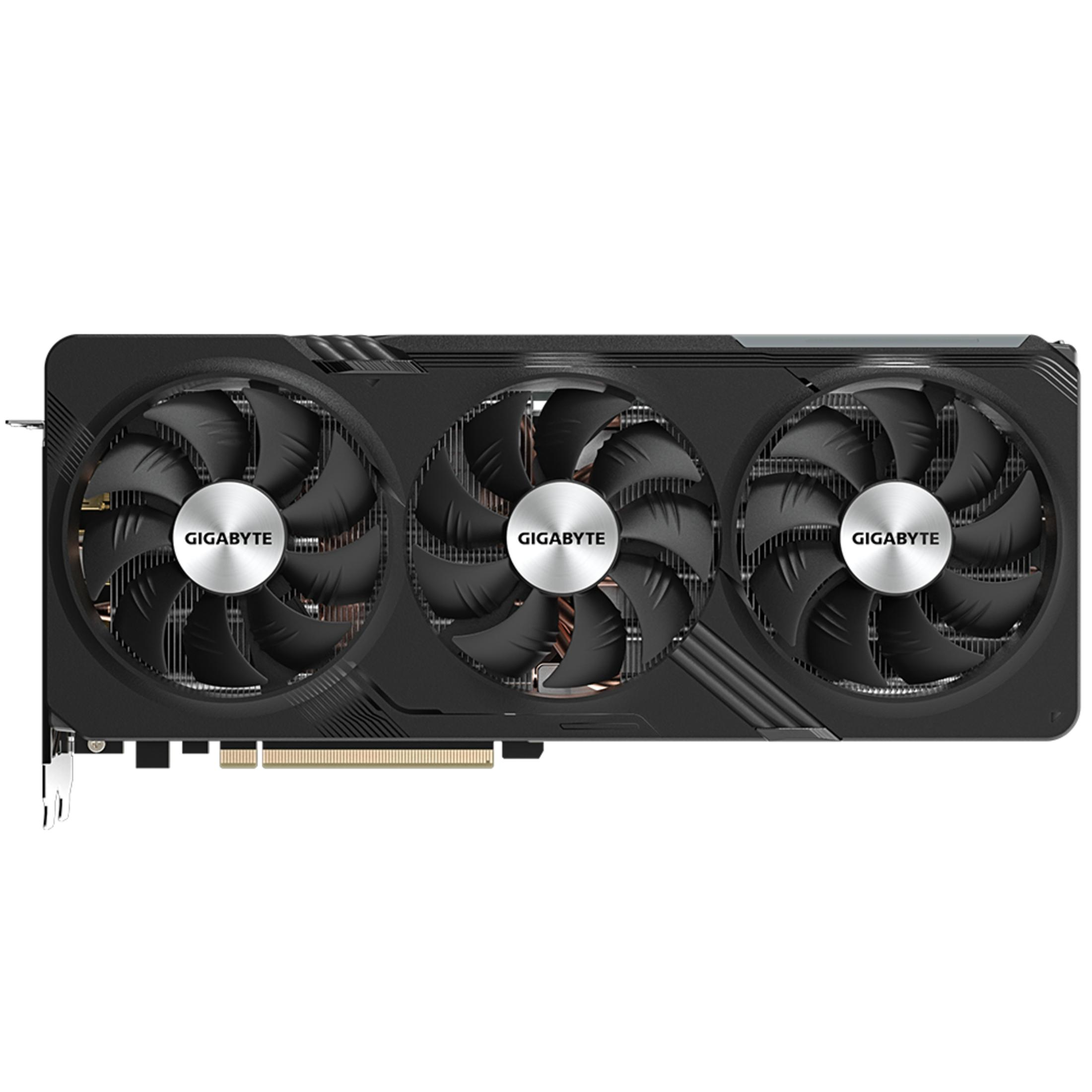 Una tarjeta gráfica negra con tres ventiladores y logo de Gigabyte.