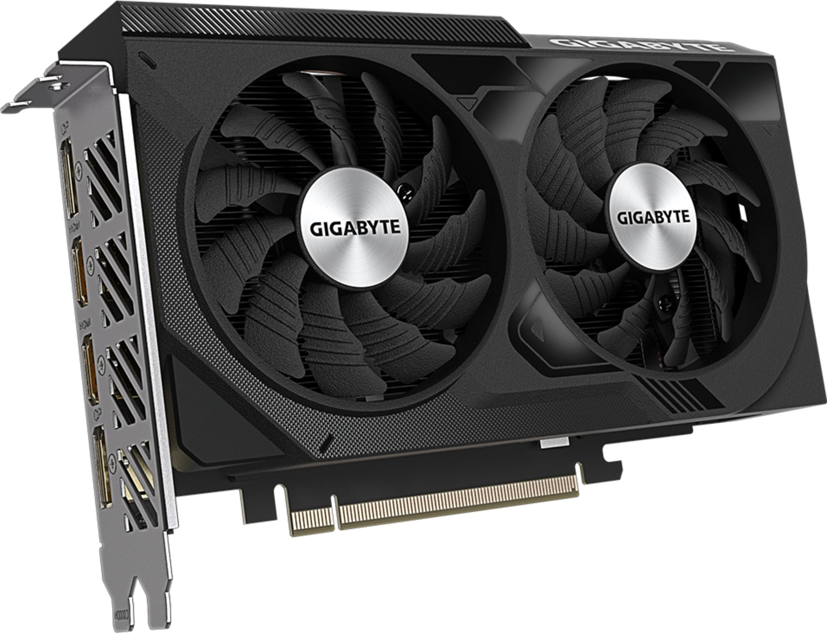 Scheda grafica nera con due ventole e logo Gigabyte.