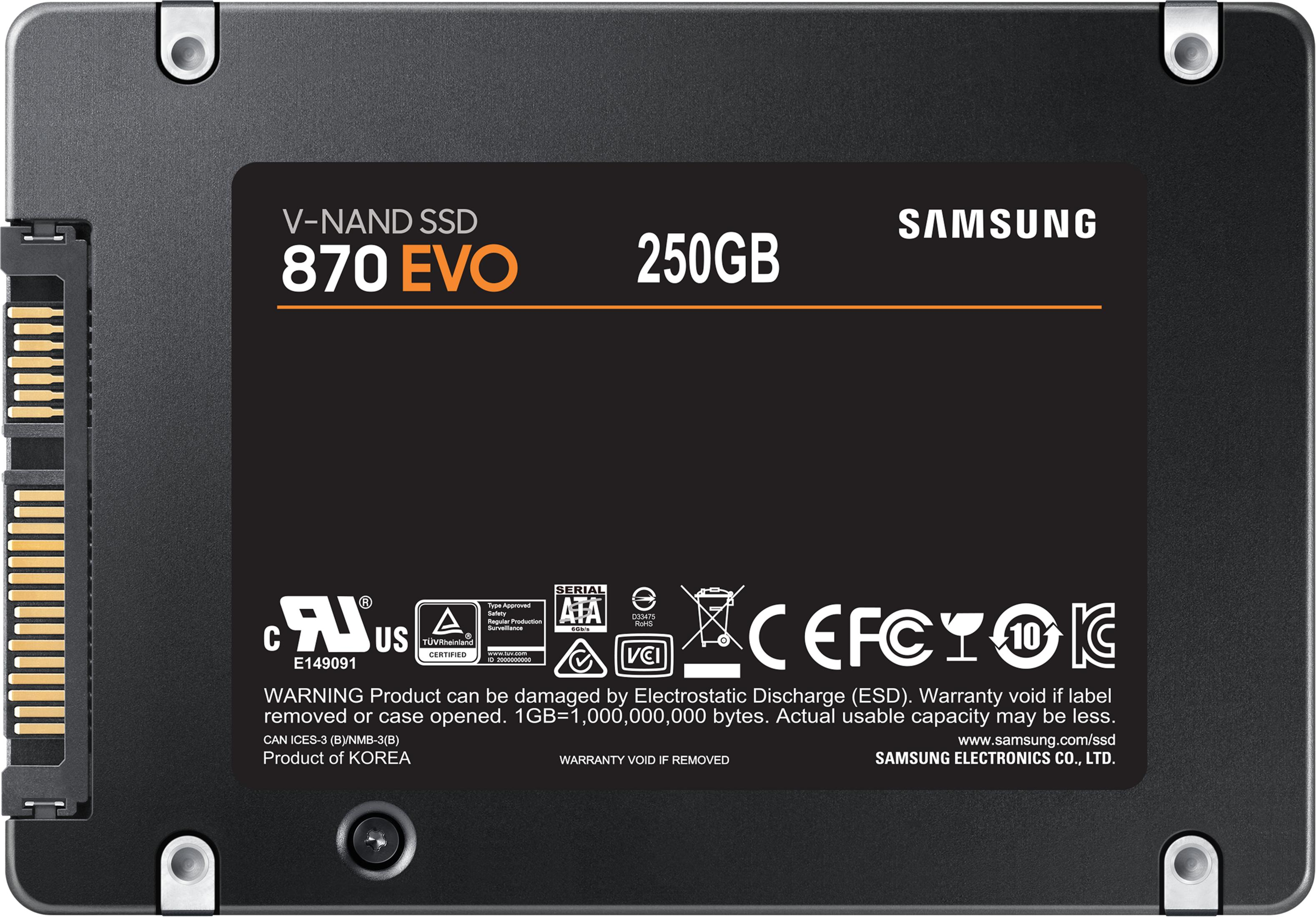Dysk SSD Samsung 870 EVO 250 GB ze złączem SATA i różnymi certyfikatami.