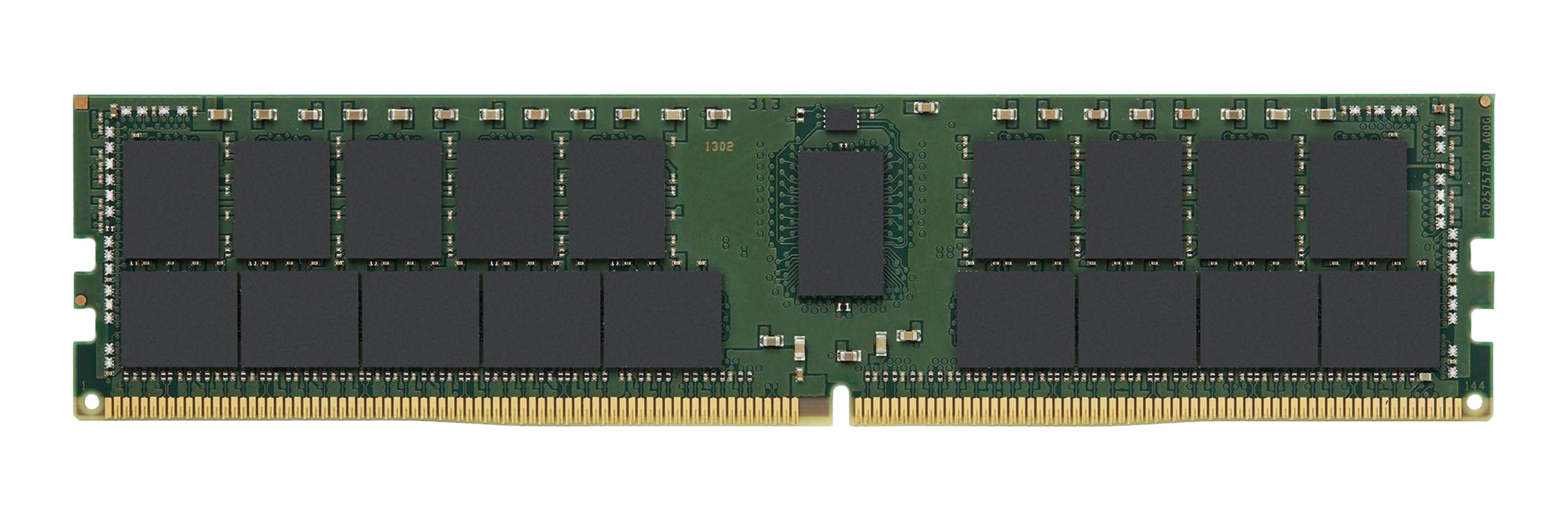 Zielony moduł RAM z czarnymi chipami i złotym złączem.