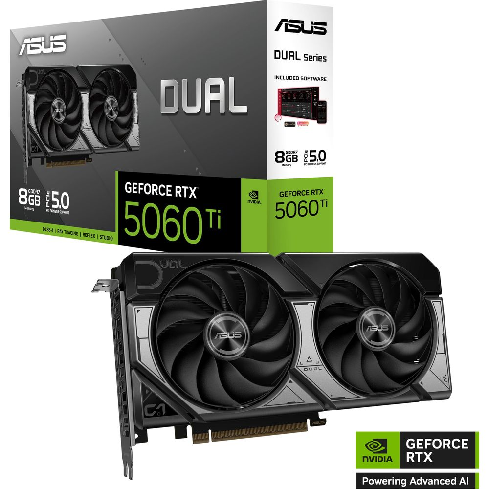 Karta graficzna ASUS Dual GeForce RTX 5060 Ti z dwoma wentylatorami i opakowaniem.