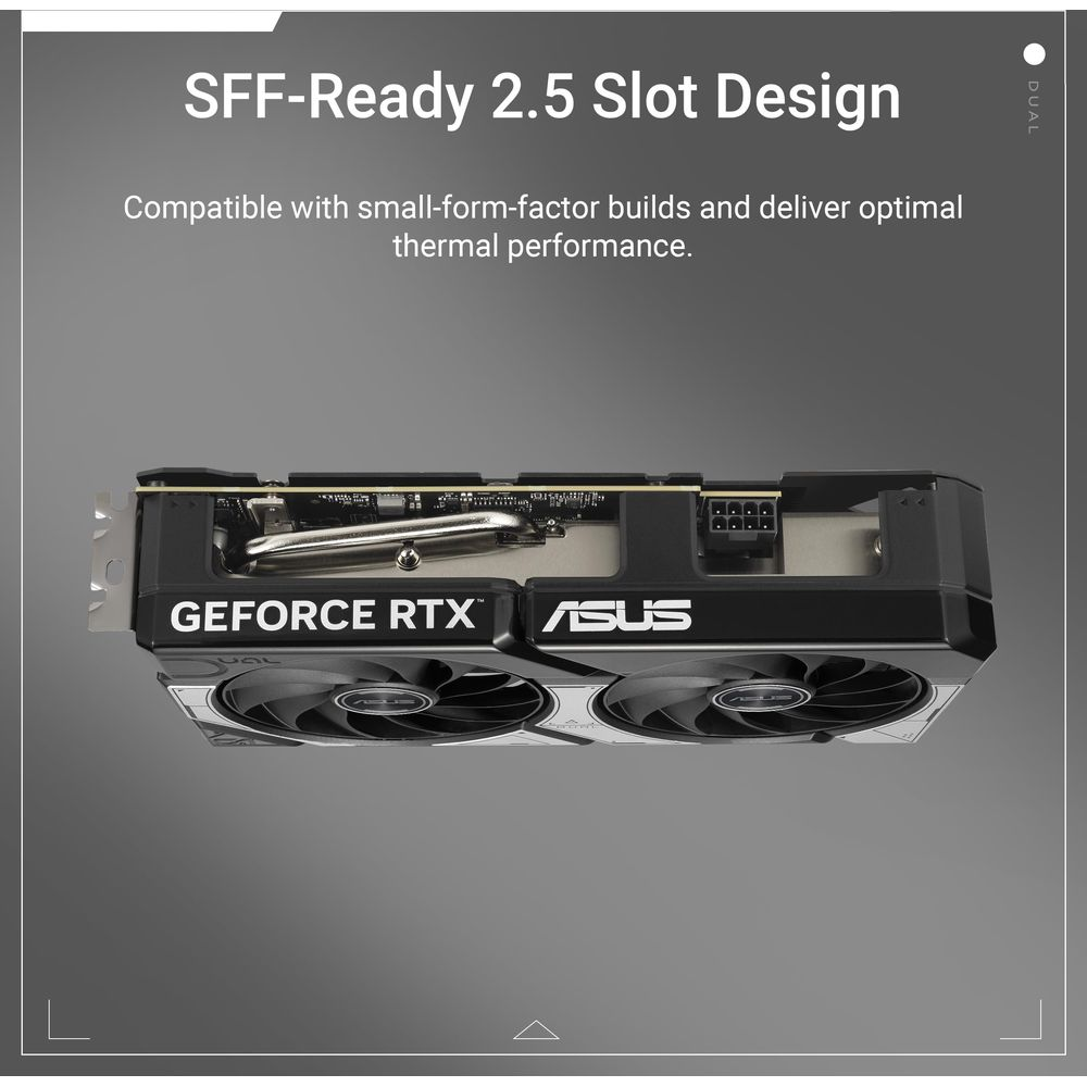 Karta graficzna 2,5 slotowa z wentylatorami i logo ASUS/GeForce RTX.